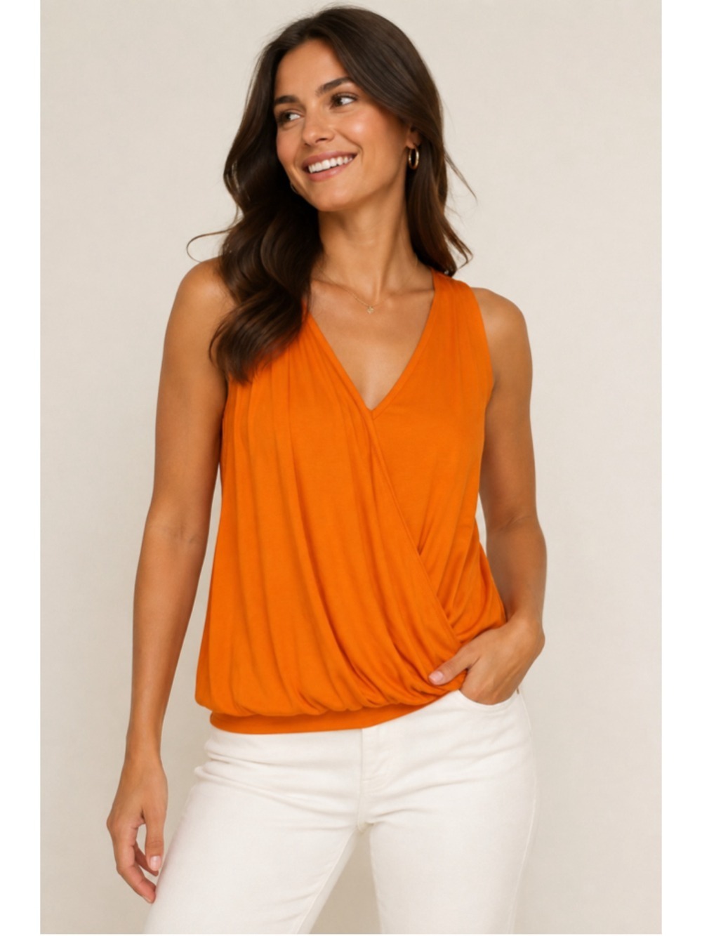 Trina Turk Orange Drape Wrap Front Sleeveless Tank Top Bubble Hem Women's Small